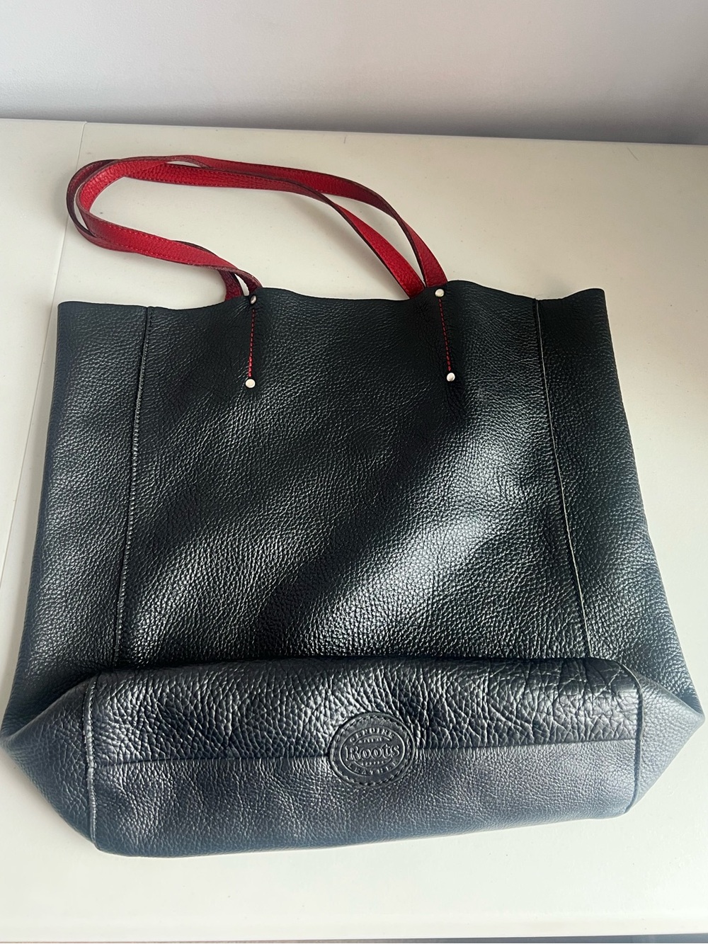 Roots Black Leather Tote with Red Straps